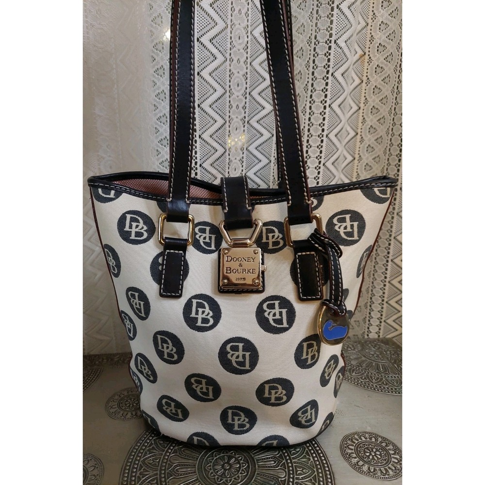 Dooney & Bourke Black Cream DB Canvas Small Tote Bag Blue Duck Charm Y2K Purse